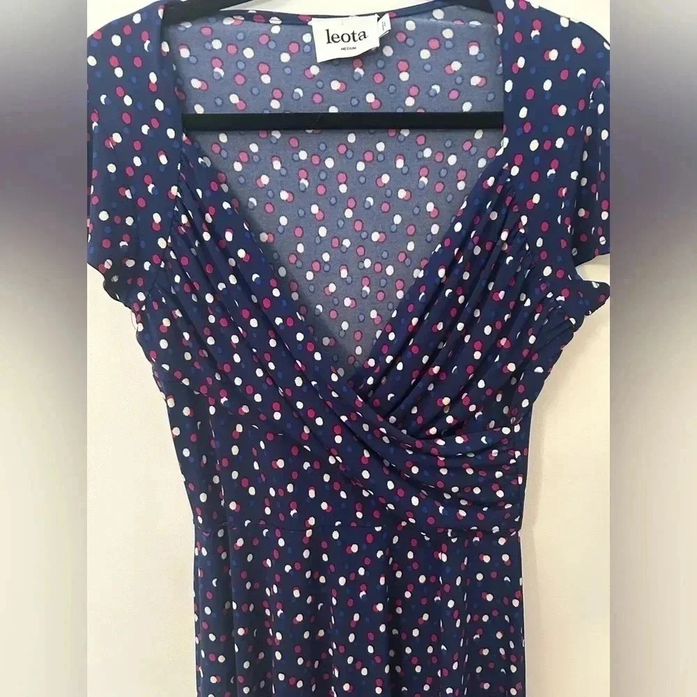 Leota Polka Dot A-Line Career Work V-Neck Tie Waist Dress Size Medium - Picture 2 of 5